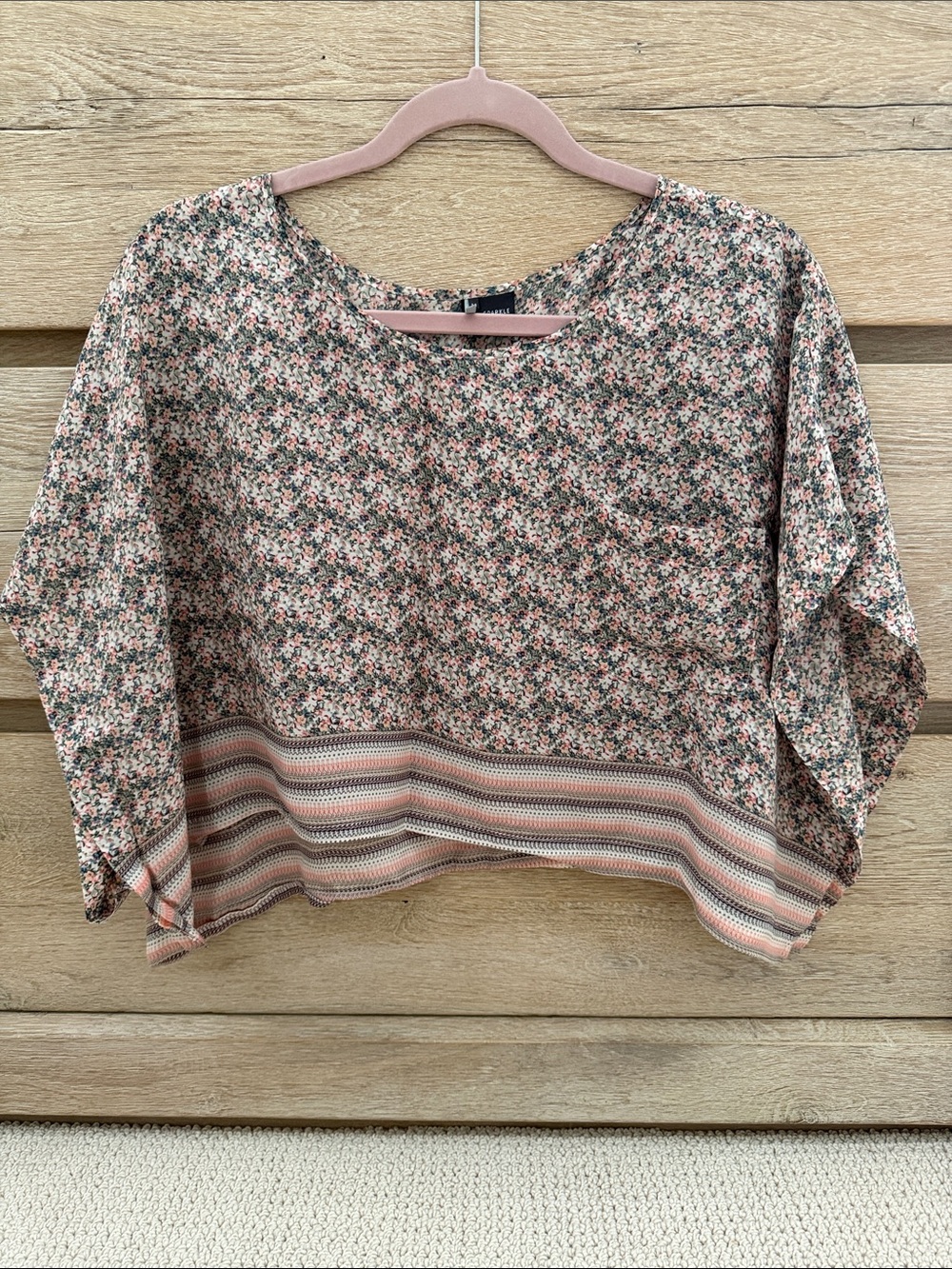 Floral SILK Cropped Blouse in Blush and Green - Women's Top